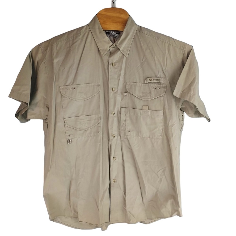 Columbia Mens Medium Tan PFG Ultimate Fishing Center Short‎ Sleeve Button Shirt - Picture 2 of 6